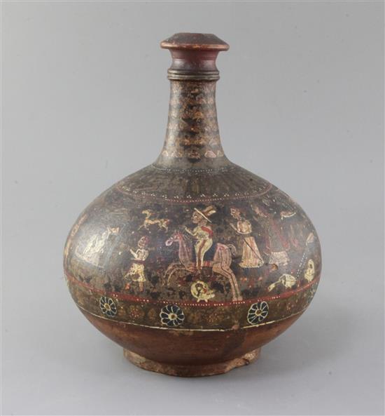 A 19th century Persian Qajar painted terracotta bottle vase, height 10.5in.